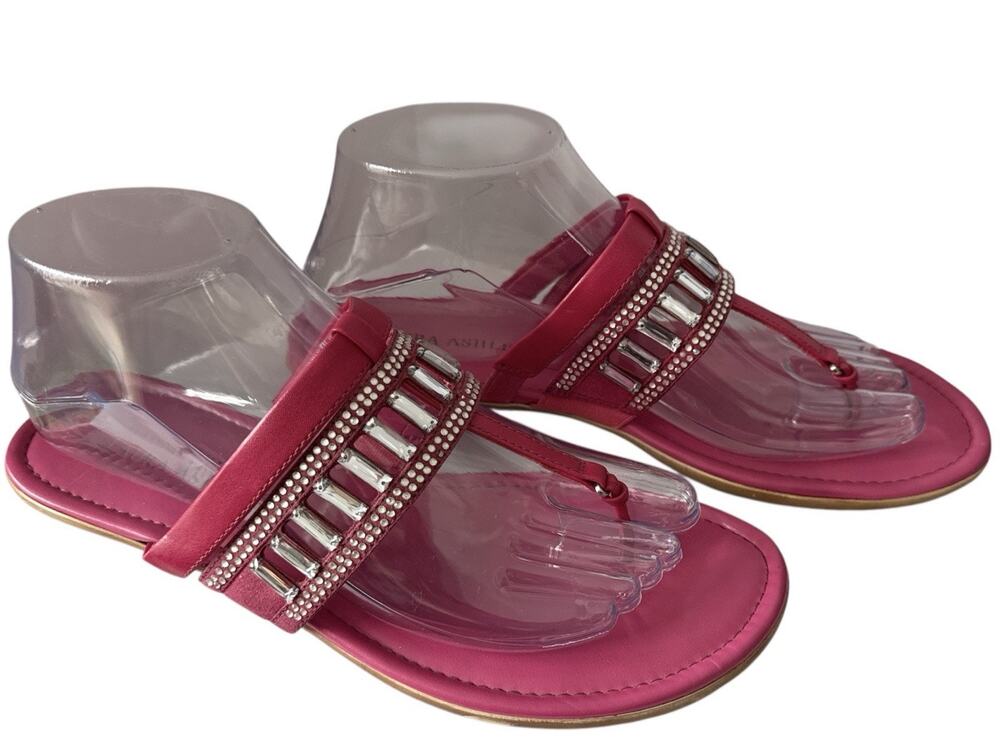 Laura Ashley Sandals Fuschia Pink Thong Flip Flop Faux Leather Blingy Womens 8M